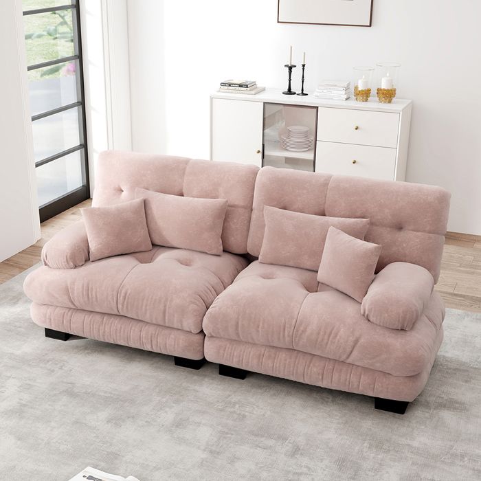 Canapé dangle Canape Modulable 2 places - Rose chenille avec 4 coussins et structure bois Canapé dangle Canape Modulable 2 places - Rose chenille avec 4 coussins et structure bois