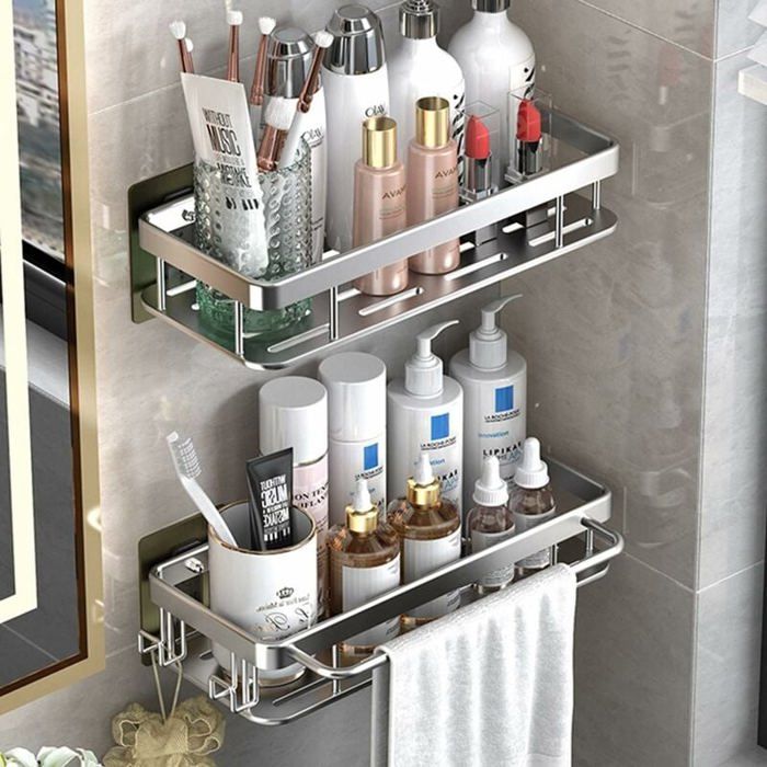 Etagere Douche Sans PercageEtagere Salle de BainRangement Douche Aluminium mit 2 Crochetsavec Porte-Serviettes Etagere de Dou