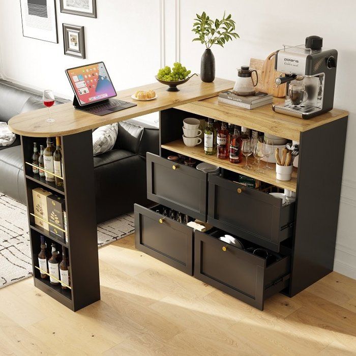 Meuble Bar Rotatif 360° Moderne avec 4 Tiroirs et Étagères Table de Bar Multifonction Bois Noir Or 138 cm
