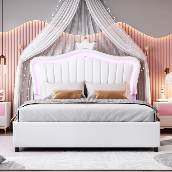 Lit denfant Lit capitonné 140 x 200 cm lit de rangement hydraulique cadre de lit simple blanc pour fille en cuir PU avec lampes L