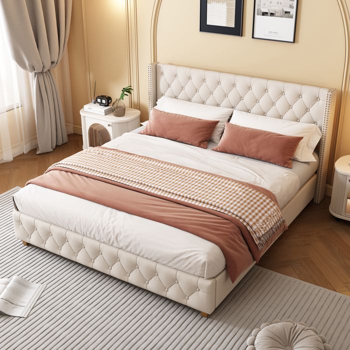 Lit adulte rembourré en lin - 160x200cm - avec sommier à lattes - Beige clair(sans matelas) Lit adulte rembourré en lin - 160x200cm - avec sommier à lattes - Beige clair(sans matelas)