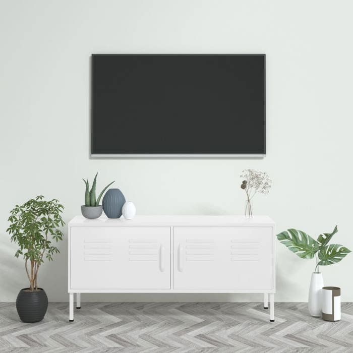 Meuble TV en acier - vidaXL - Blanc - 105x35x50 cm - Hauteur du pied 15 cm - 1 étagère - Charge totale 100 kg