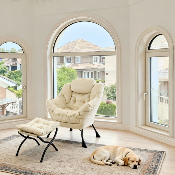 Fauteuil Bergère Capitonné avec Repose-pieds beige - Fauteuil de Salon Élégant Structure Métal Stable 150kg Design Chic