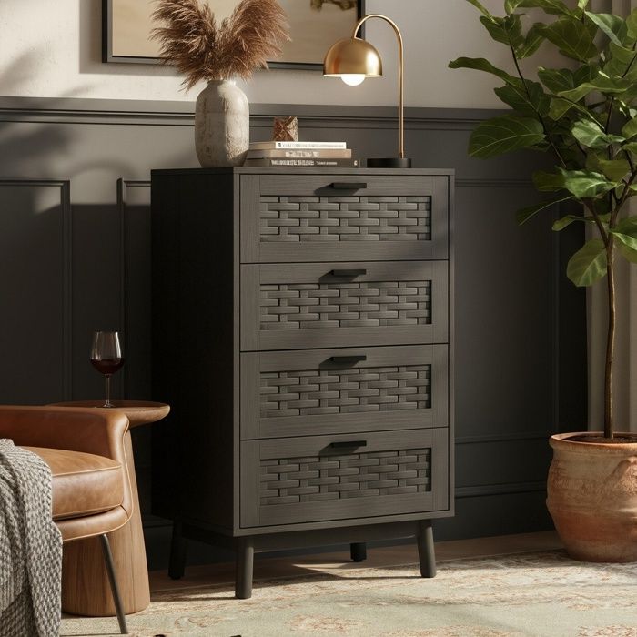 Commode - 55x40x95cm - 4 Tiroirs Noire - Effet Cannage PVC Durable - Pieds Bois Massif (Hévéa) - Style Bohème Chic - E1 MDF