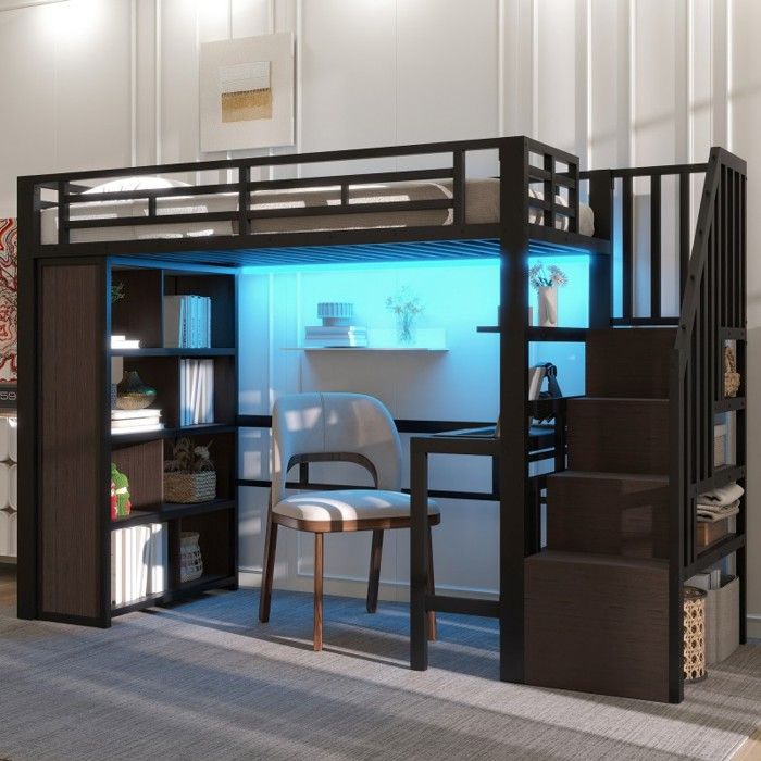 Lit Mezzanine 90x200 - VVBV - Avec bureau et escalier de rangement - Métal & MDF - LED intégrée - Noir