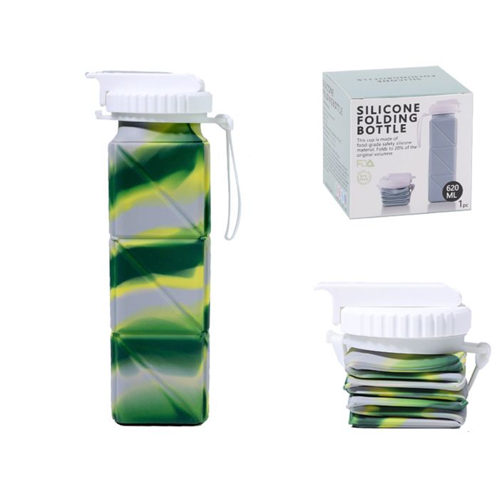 Bouteille pliable 650 ml en silicone réutilisable étanche camouflage vert portable sport voyage et activités extérieures