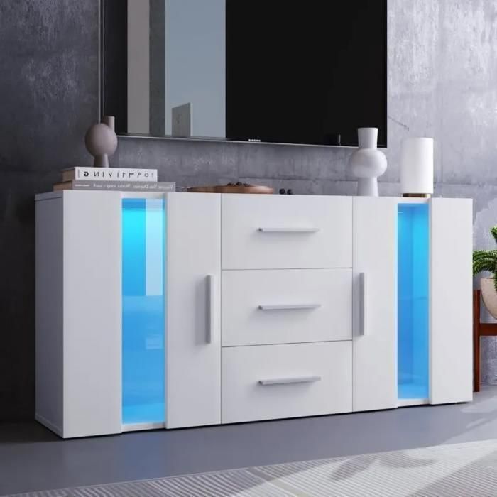 Meuble TV moderne blanc brillant à LED - Commode à 2 portes et 3 tiroirs - Meuble bas pour salon et salle à manger-Style minimaliste