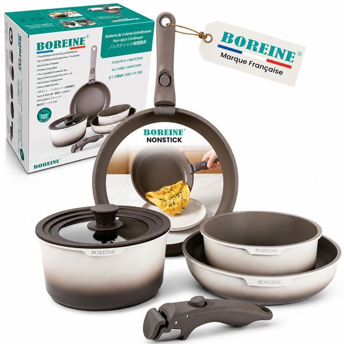 Batterie de cuisine - BOREINE - Set casserole et poele - Poignées amovible - Tous feux induction - Antiadhésif sans PFOA