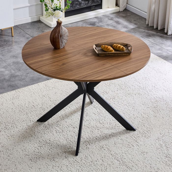 Table à Manger Extensible Ronde 4-8 Personnes Pied araignée Bois et Noir 110-150 cmTable manger extensible moderne en MDF et métal