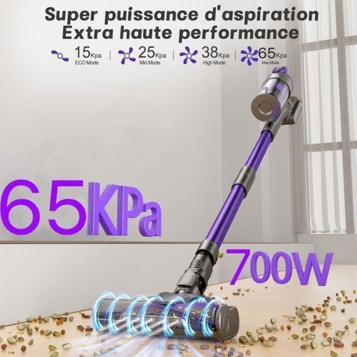 balai aspirateur 700w balai anti emmêlement 700W haute puissance 65Kpa 70min Filtration 7 étapes LED