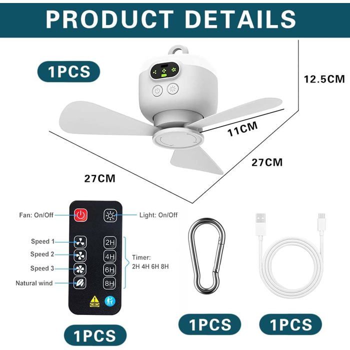 Ventilateur camping lumière plafond avec télécommande minuterie LED USB rechargeable 3 vitesses pour tente