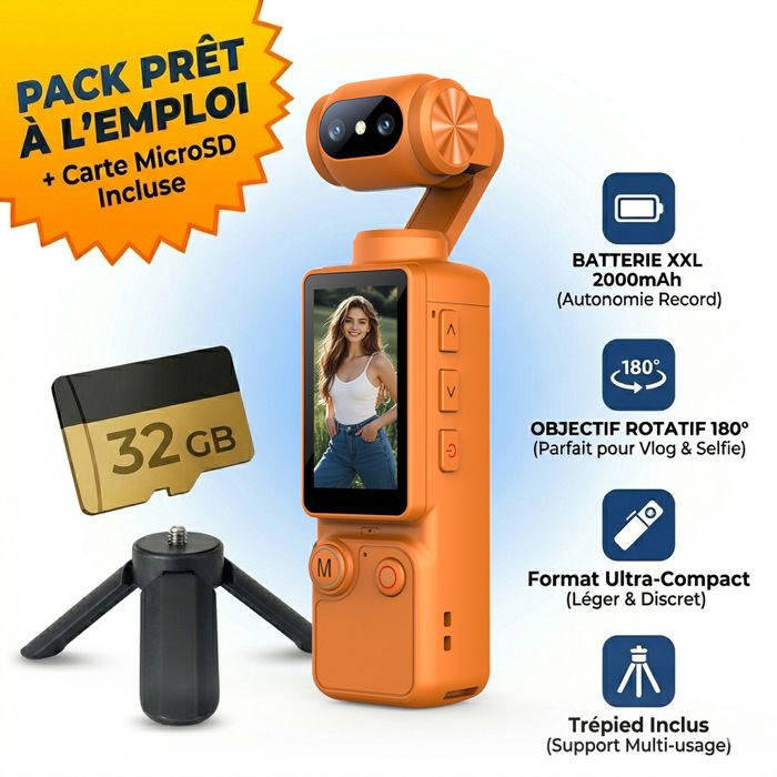 Mini caméra daction A30 objectif rotatif à 180° LCD HD 19 pouces (avec carte MicroSD + trépied multifonction) orange