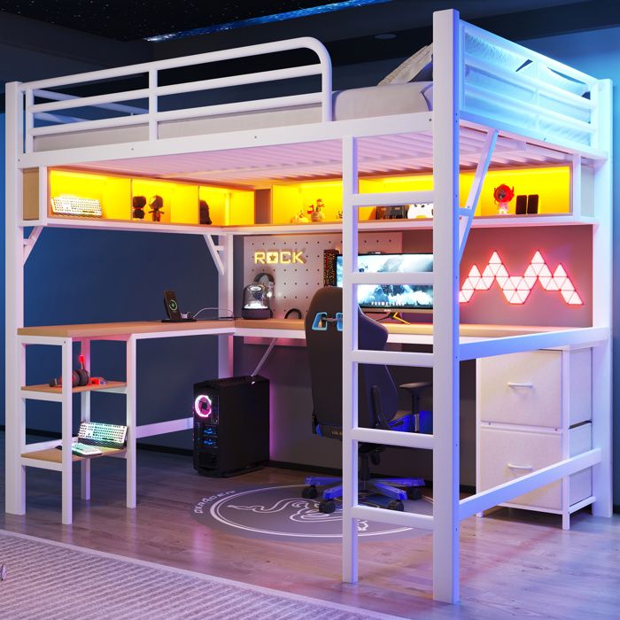 Lit mezzanine gaming - Dimensions 140x200 cm - Éclairage LED intégré - Bureau et étagères inclus - Station de charge USB