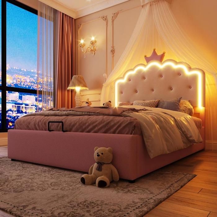 Lit enfant - KOMHTOM - Lit de princesse - 140 x 200 cm - Rangement hydraulique - LED dambiance Lit enfant - KOMHTOM - Lit de princesse - 140 x 200 cm - Rangement hydraulique - LED dambiance
