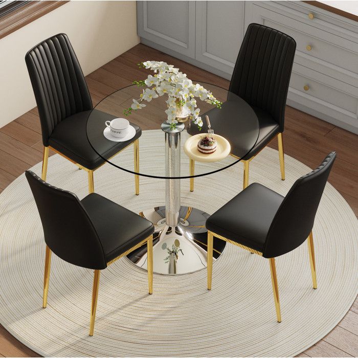 Ensemble Table et Chaises 4 Personnes Table Ronde en Verre - ELVMI - Simili Cuir Métal Noir Or et Argent 85×85×76 cm