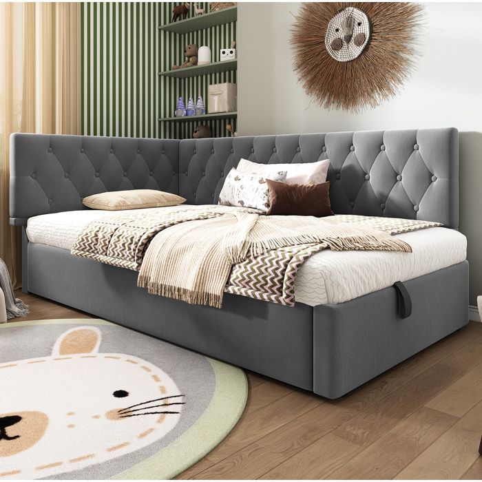 Lit de jour 90 x 190 cm en velours gris avec dossier en L coffre hydraulique et sommier à lattes sans matelas