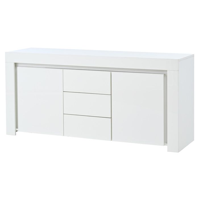 Buffet bas - Blanc - MDF brillant - 2 portes 3 tiroirs - LED - 140 x 40 x 65 cm
