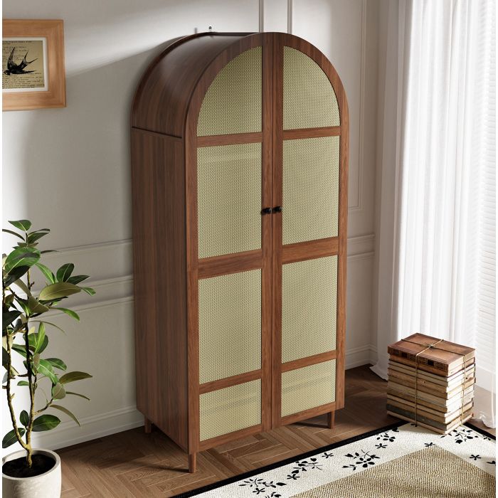 Armoire moderne à portes arrondies avec rotin barre de penderie et tiroir coloris noyer