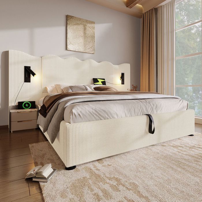 Lit coffre 180x200 beige blanc USB Type-C lampe