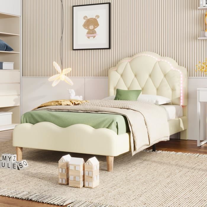 lit capitonné, tête de lit ondulée avec bandes led, lit enfant, lattes en bois, lit simple, pu 90x200cm