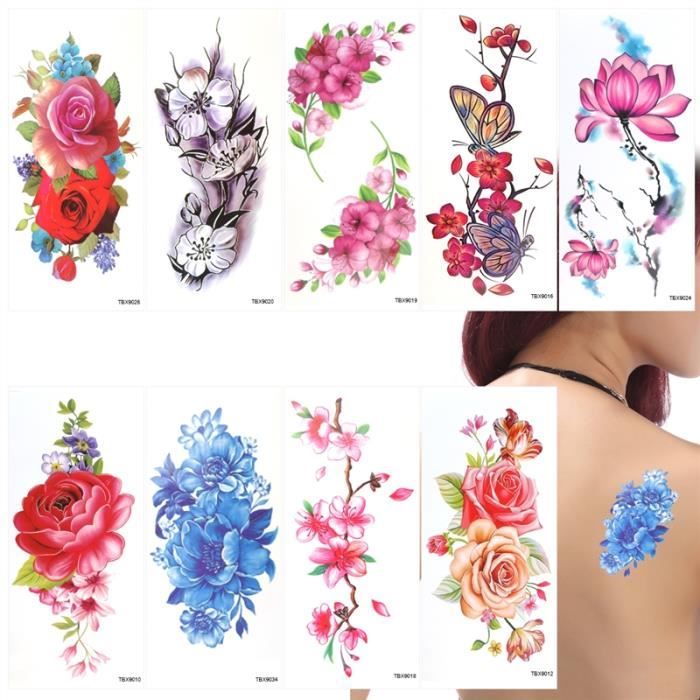9 Feuilles Tatouage Temporaire Rose Pivoine Fleur Papillon Lotus Fleurs De Cerisier Flash Tatouage Pour Les Femmes