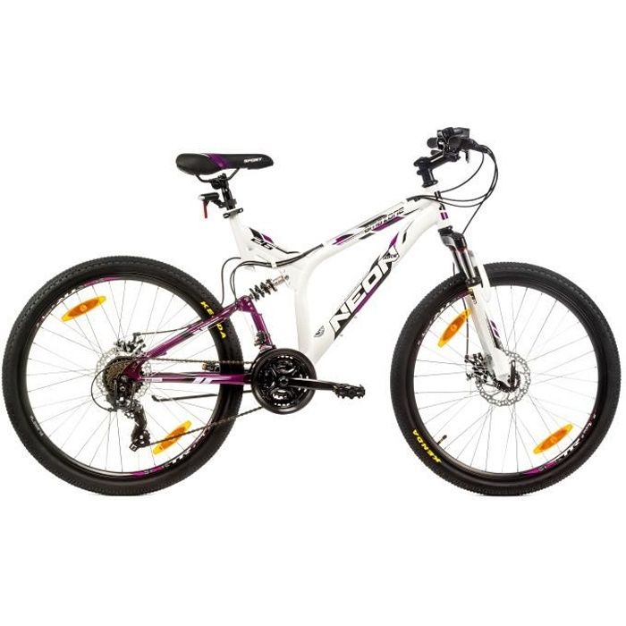 Vélo VTT 26'' Femme - Cadre Tout Suspendu - Double freins à disques - 21 Vit. - Poignée à Gâchettes & dérailleur Shimano