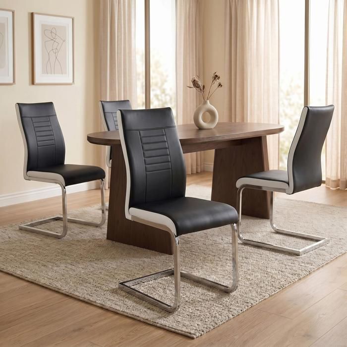 Lot de 4 chaises LOANO, en synth&eacute;tique noir et gris