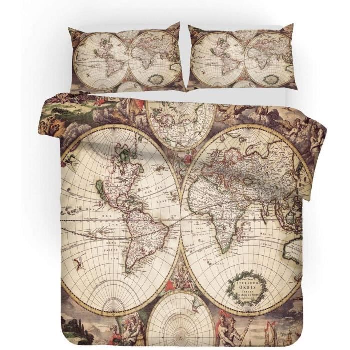 Housse De Couette RFFLUX Carte Du Monde 220x240cm – 3 Pièces (housse + 2 Taies 50x75) – Microfibre Ultra Douce – Vintage 3D