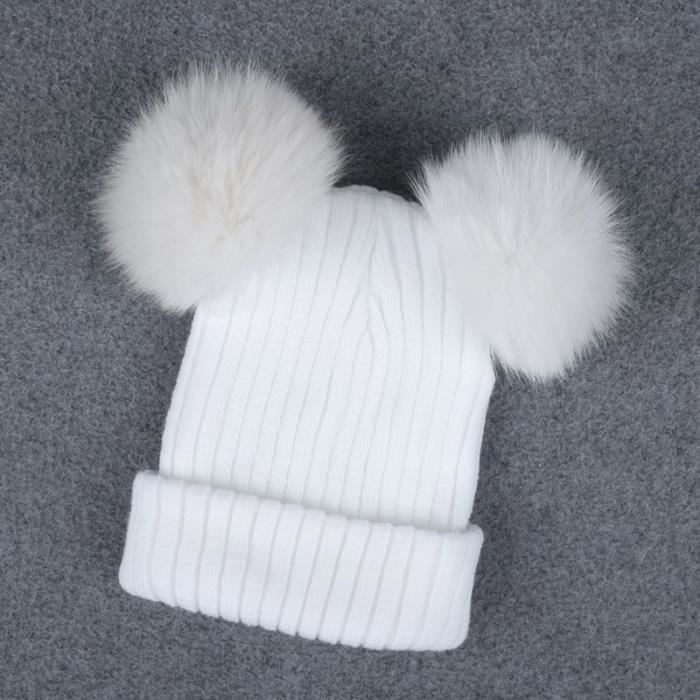 Casquette Bonnet d hiver en fourrure a 2 pompons pour femme et fille bonnet en laine tricote bonnet en coton tout Type WHITE Cdiscount