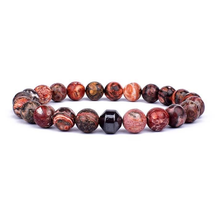 Lot De 4 Bracelets Homme En Pierre Naturelle - Perles 8 Mm - Lave Noire, Onyx Rouge, Turquoise - Extensible 19 Cm - Cadeau Anniversaire