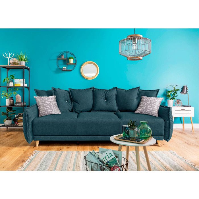 bobochic lena canape 3 places convertible avec coffre en tissu style scandinave couleur bleu turquoise cdiscount maison