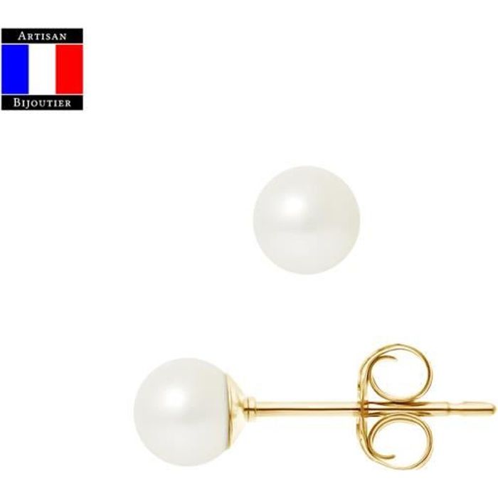 Compagnie Générale des Perles - Boucles d'Oreilles Véritable Perle de Culture 5-6 mm Or 18 Cts - Système Poussettes - Bijou Femme