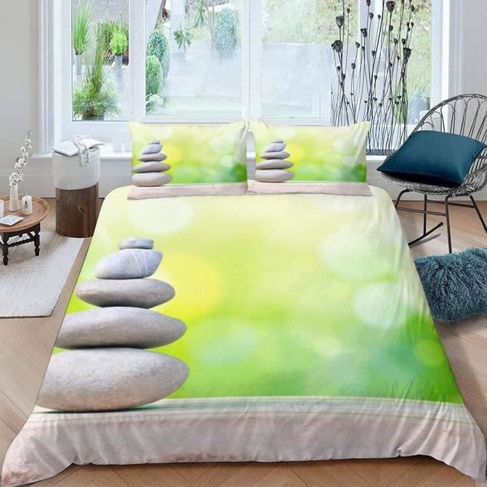 Parure De Lit Zen 90x190 Cm Enfant - Housse De Couette + Taie 40x60 Cm - Microfibre Douce - Motif Pierre Zen