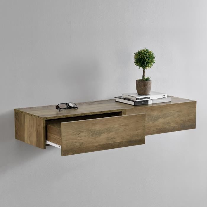 [en.casa]® 2 étagères murales pour chambre à coucher avec 2 tiroirs - bois - 46x30x15cm