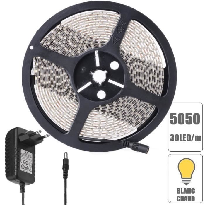 Kit ruban led DC12V 5 mètres Blanc Chaud IP65 complete avec alimentation