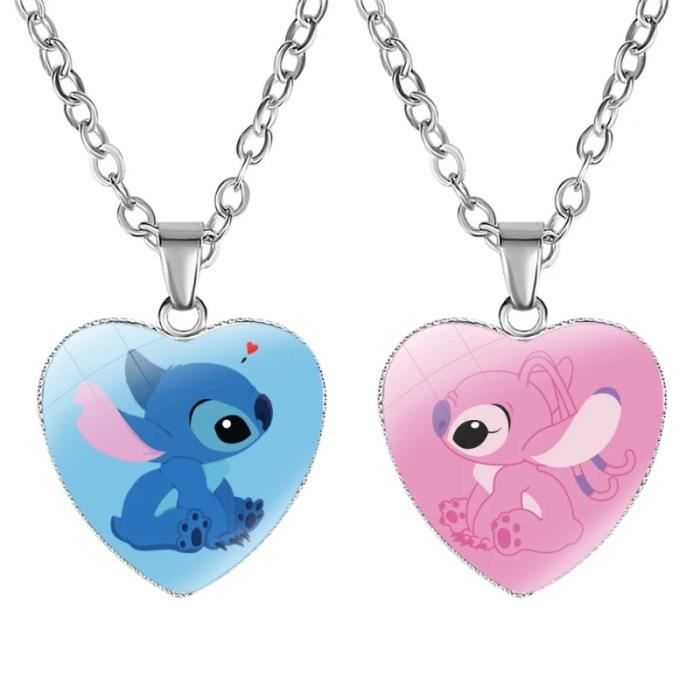 lot collier stitch angel coeur amour couple rose bleu cadeau bijoux fantaisie cabochon fete anniversaire enfant femme mode tendance