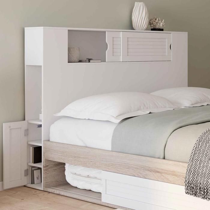 IDMarket Tête De Lit CLEO 165 Cm – Hêtre & Noir Avec Rangements Nichés, Niches Et Portes Pression, Pour Lit 160