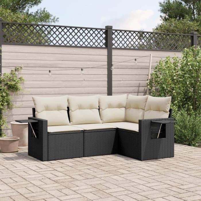 Mothinessto-5183X-Salon de jardin 4 pcs avec coussins noir résine ...
