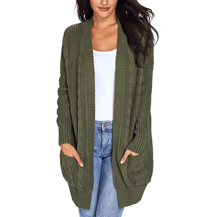 Femme Cardigan Manches Longues avec Poches Epais Tricot Gilets Long en Maille Outwear Torsade Chaud Haut Bouton Vert Cdiscount Pret a Porter