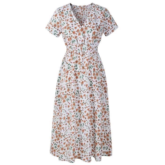 Robe fleurie plissée en polyester pour femme Blanc