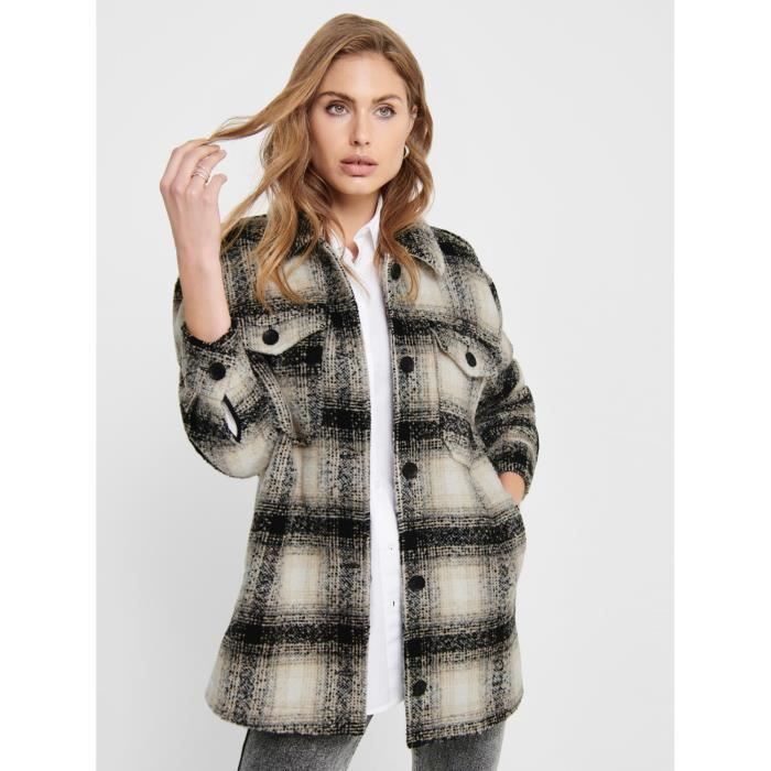 ONLY Womens Plaid SHACKET Lumberjack Jacket with Button Front Casual Wool Coat ONLALLISON CHECK Cardigan Noir Cdiscount Pret a Porter