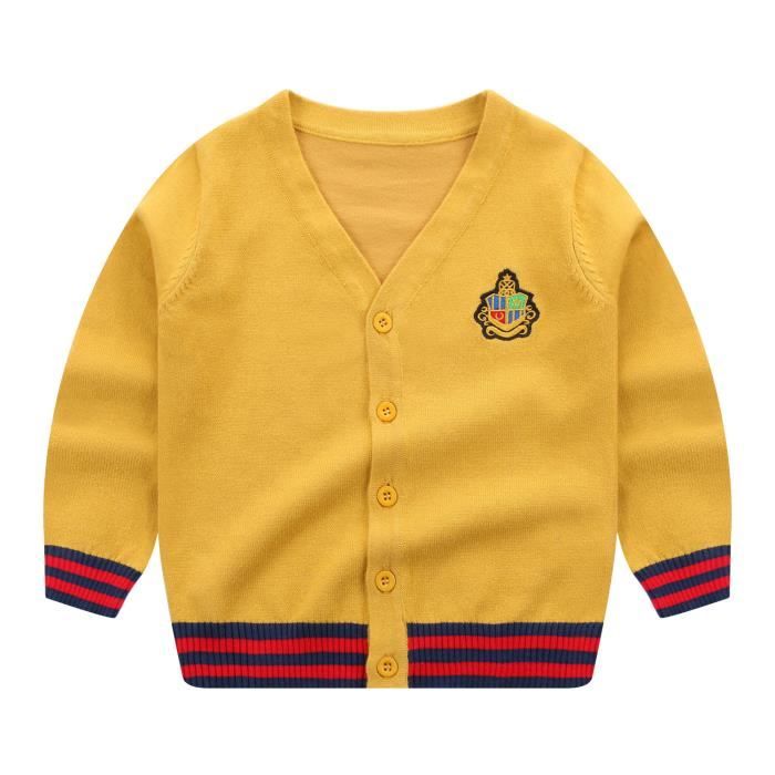 Pull Enfant Garcon Col en V Manches Longues A rayure avez Boutons Motif Brode Jaune INSFITY