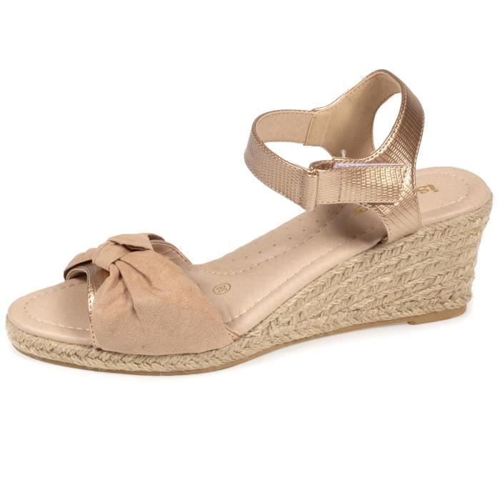 espadrilles compensées nude femme - isotoner - talon corde 6cm - boucle ajustable - confort unique