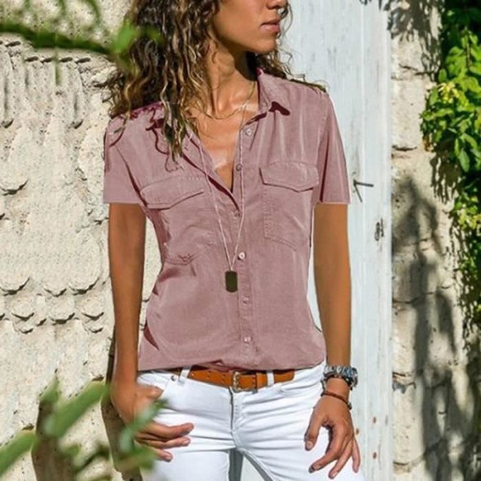 Chemise chemisier decontracte a manches courtes et col Polo pour femmes Vintage poches solides ample Streetwear Dark Pink A Blanc Cdiscount Pret a Porter