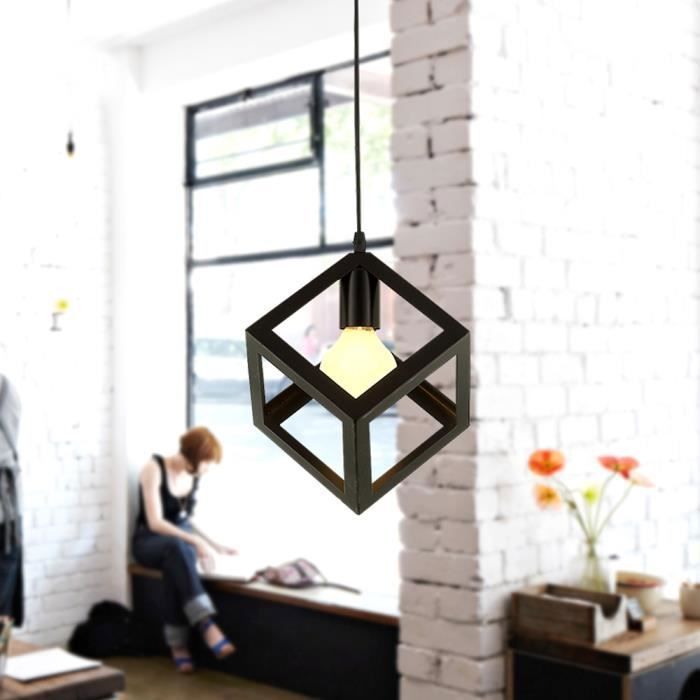 Lustre Rétro Plafonnier Cage Cube Noir Suspensions Luminaire Vintage en Métal pour Salon Chambre Salle