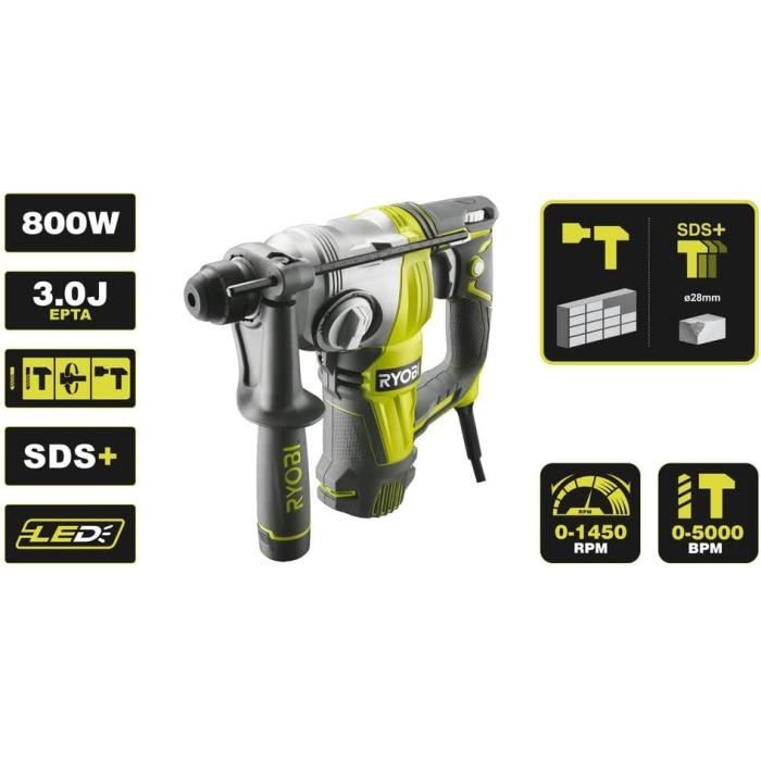 Perforateur Burineur SDS+ Ryobi 800W - 4 Modes - 3,0J - Mallette Avec Accessoires - RSDS800-KC