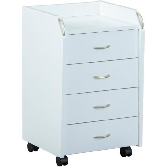 caisson de bureau 4 tiroirs sur roulettes meuble rangement mobile vernis lxpxh: 40x36x65 cm blanc pronti[j50]