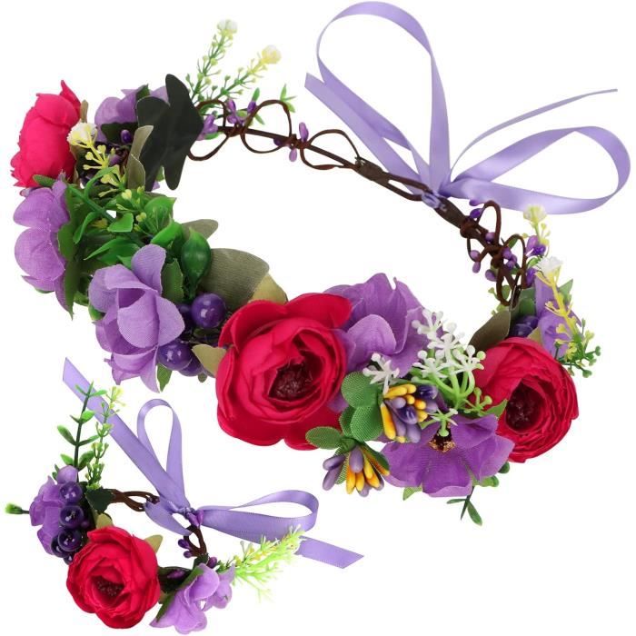 Couronne De Fleurs Bohème Réglable Pour Mariage - Couronne Romantique Avec Ruban Pour Cheveux (Rouge)