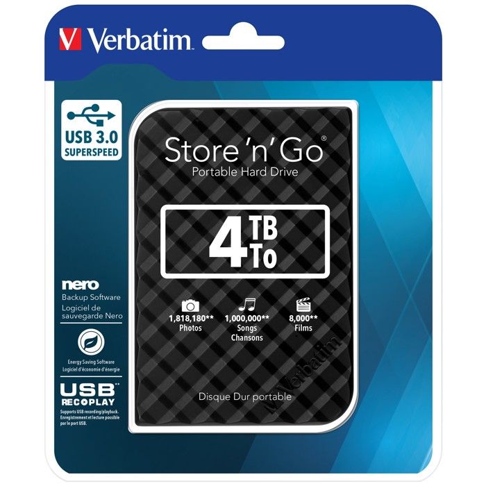 Disque dur externe VERBATIM Store N Go GEN – 4 To – USB 3.0 – Noir