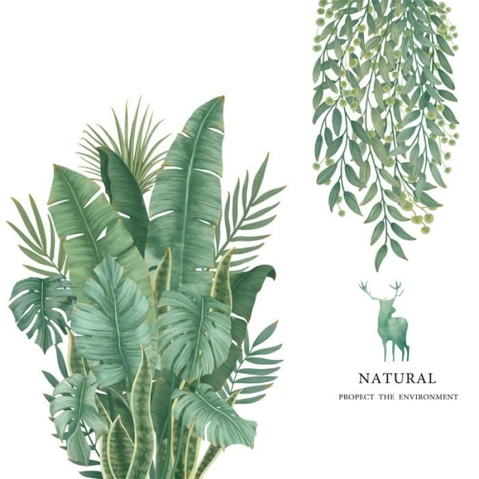 Autocollant Mural Plantes Vertes - Sticker Déco 88x37 Cm, Facile à Poser, Pour Cuisine, Salon, Salle De Bain